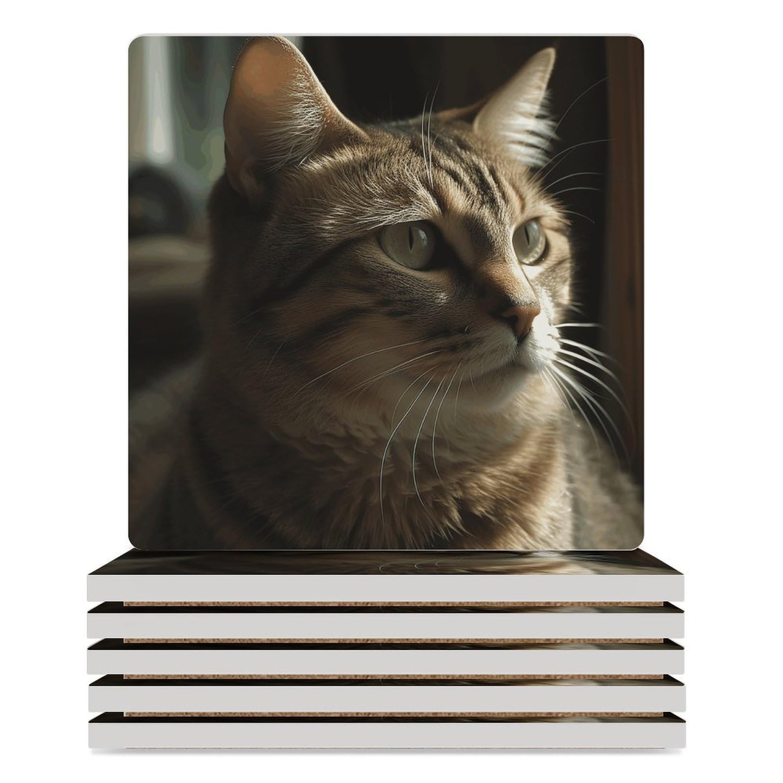 Dessous de verre carrés en céramique chat tigré (lot de 6) pour protection de table