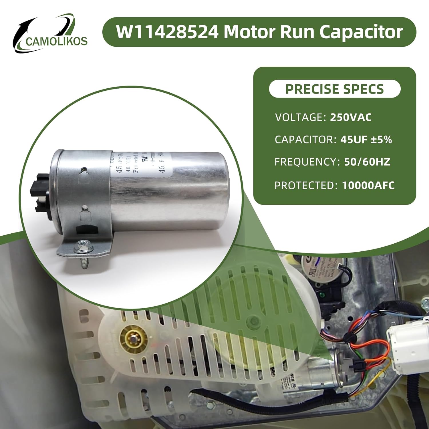 W11428524 Motor Run Capacitor W10866238 45uF 50/60Hz 10000AFC Fits for Whirlpool Maytag W11175257 AP6981681 PS12745632 EAP12745632