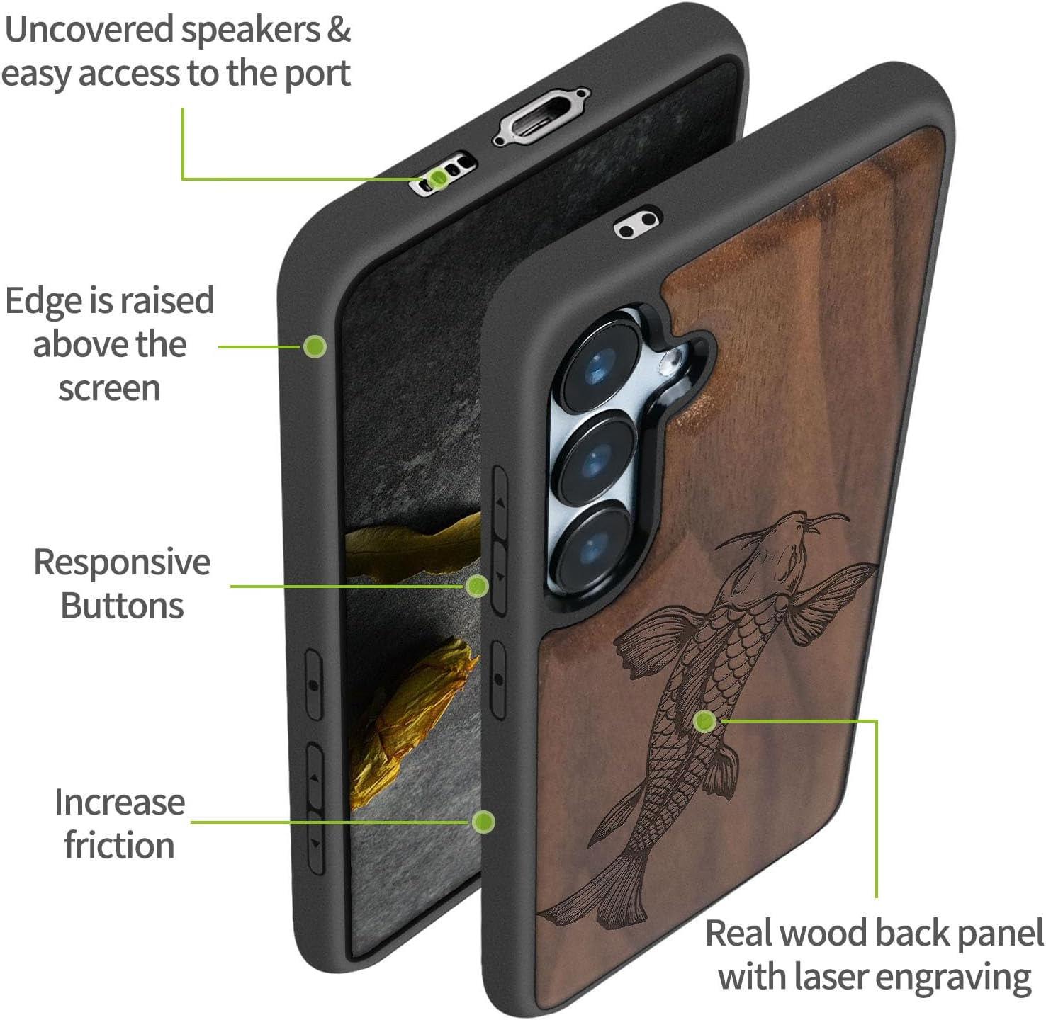 Carveit Wood Case for Galaxy S24 FE Case [Natural Wood & Black Soft TPU] Shockproof Protective Cover Unique Wooden Design Compatible with S24 FE (Majestic Koi Serenity-Walnut)