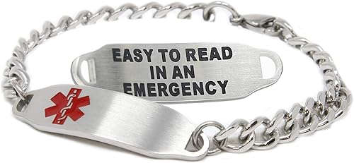 Medical Bracelet With Free Engraving, Stainless Steel and Identification Card, Curb Chain Alert - Made in USA