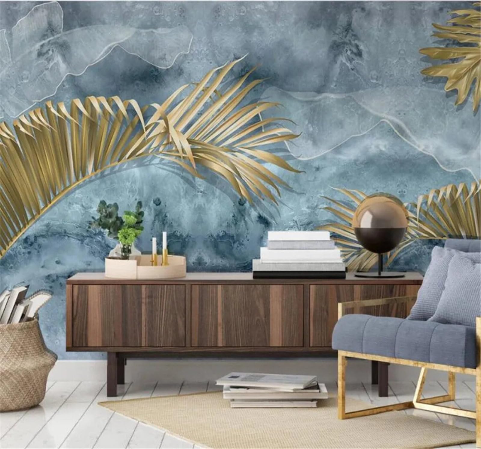 Tzxztt Abstract Ink Wash Three Dimensional Plants Gold Leaves Modern 3D Wallpaper Premium Textured Silk Neutral Tones Material Ideal for Living Room Bedroom-350cm×256cm