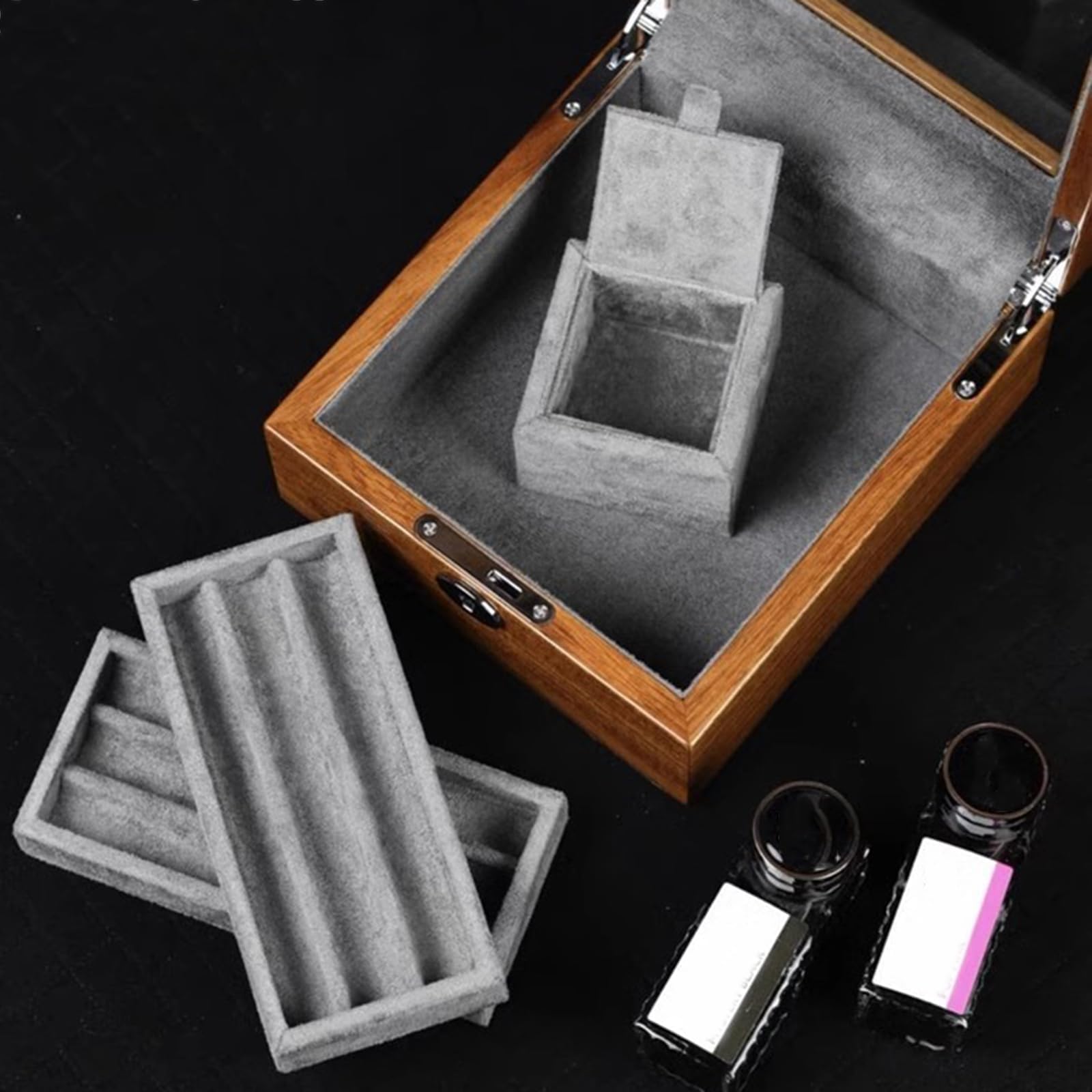 Caja expositora de bolígrafos de madera, caja de almacenamiento para plumas estilográficas de lujo, caja organizadora para 6 bolígrafos y 2 ranuras para almacenamiento de botellas de tinta, con ventan