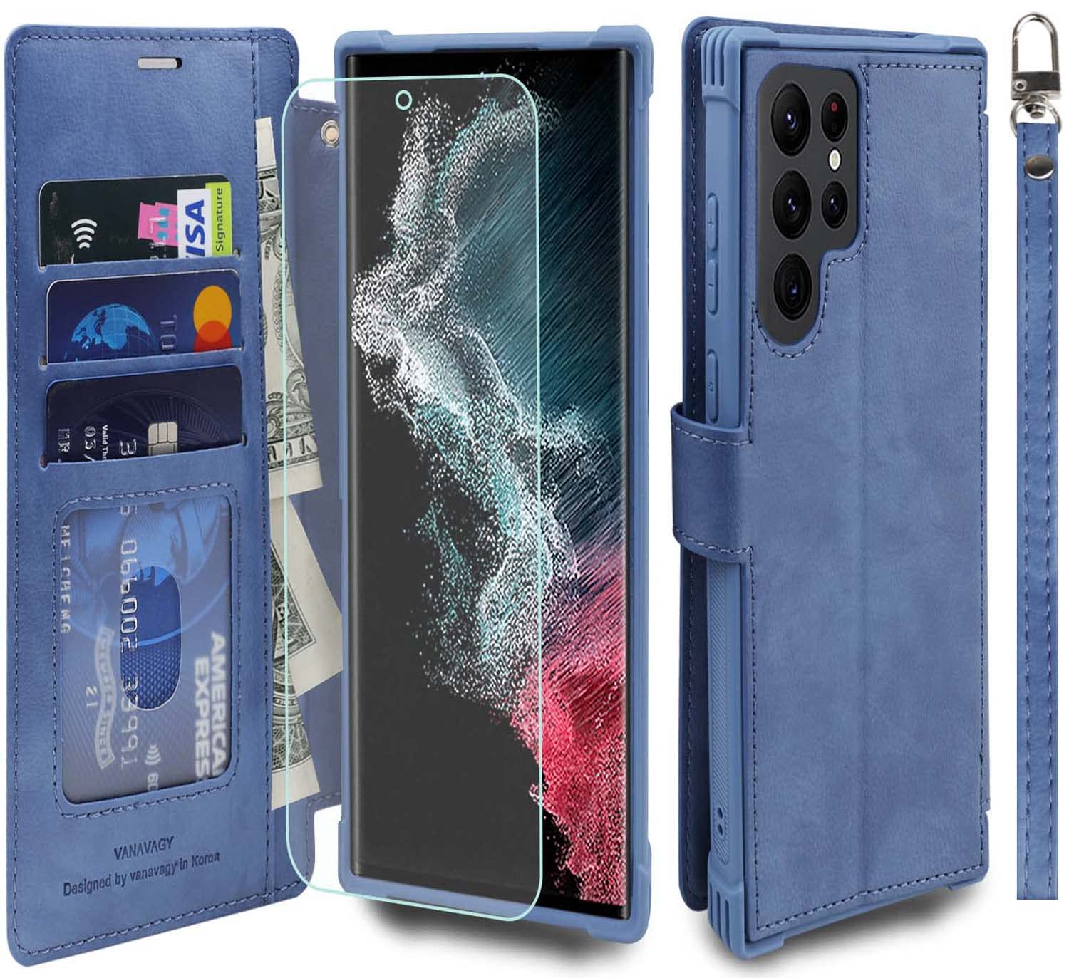 VANAVAGY Wallet Case for Galaxy S22 Ultra 5G for Women and Men, RFID Flip Leather Cover with Wrist Supports Wireless Charging with Card Holder and Screen Protector,Blue