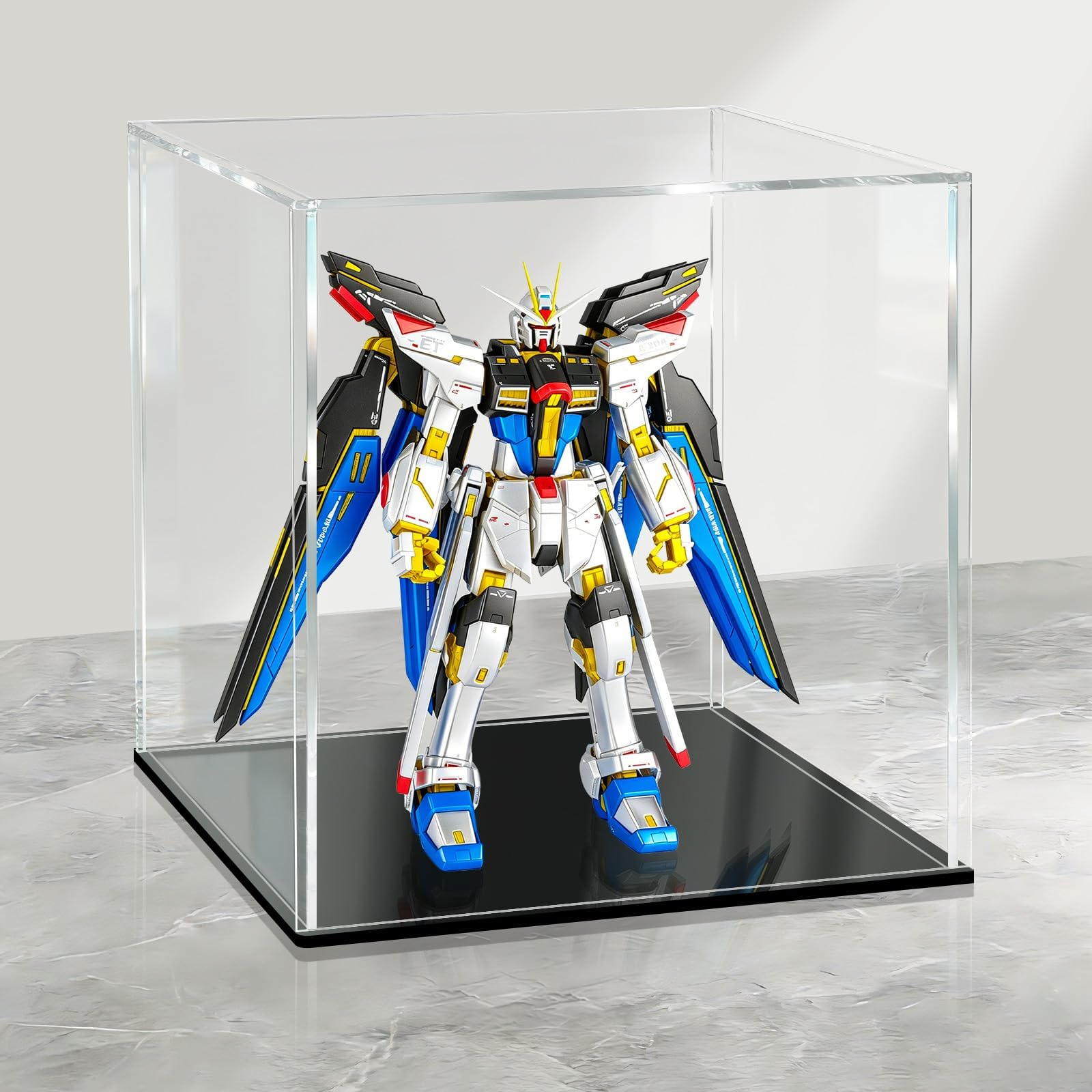 LANSCOERY Acrylic Display Case, 7 x 7 x 7 in Clear Display Box with 2mm Panels, Black Base, LED String Light Accessory for Action Figures and Figurines