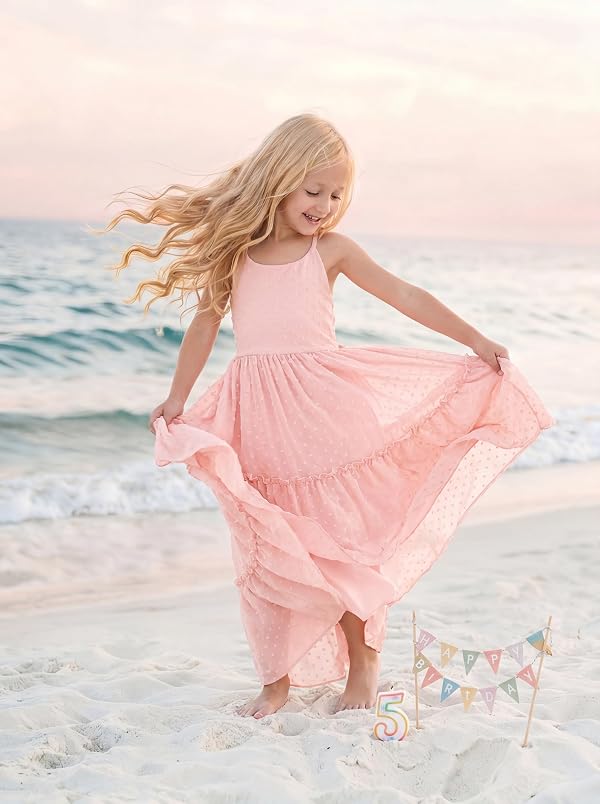 Kismissal Boho Flower Girl Dresses Swiss Dot Chiffon Girls Backless Dress Beach Wedding Flowy Summer Maxi Gown,Pink,8 by Kismissal - Used condition - Image 7