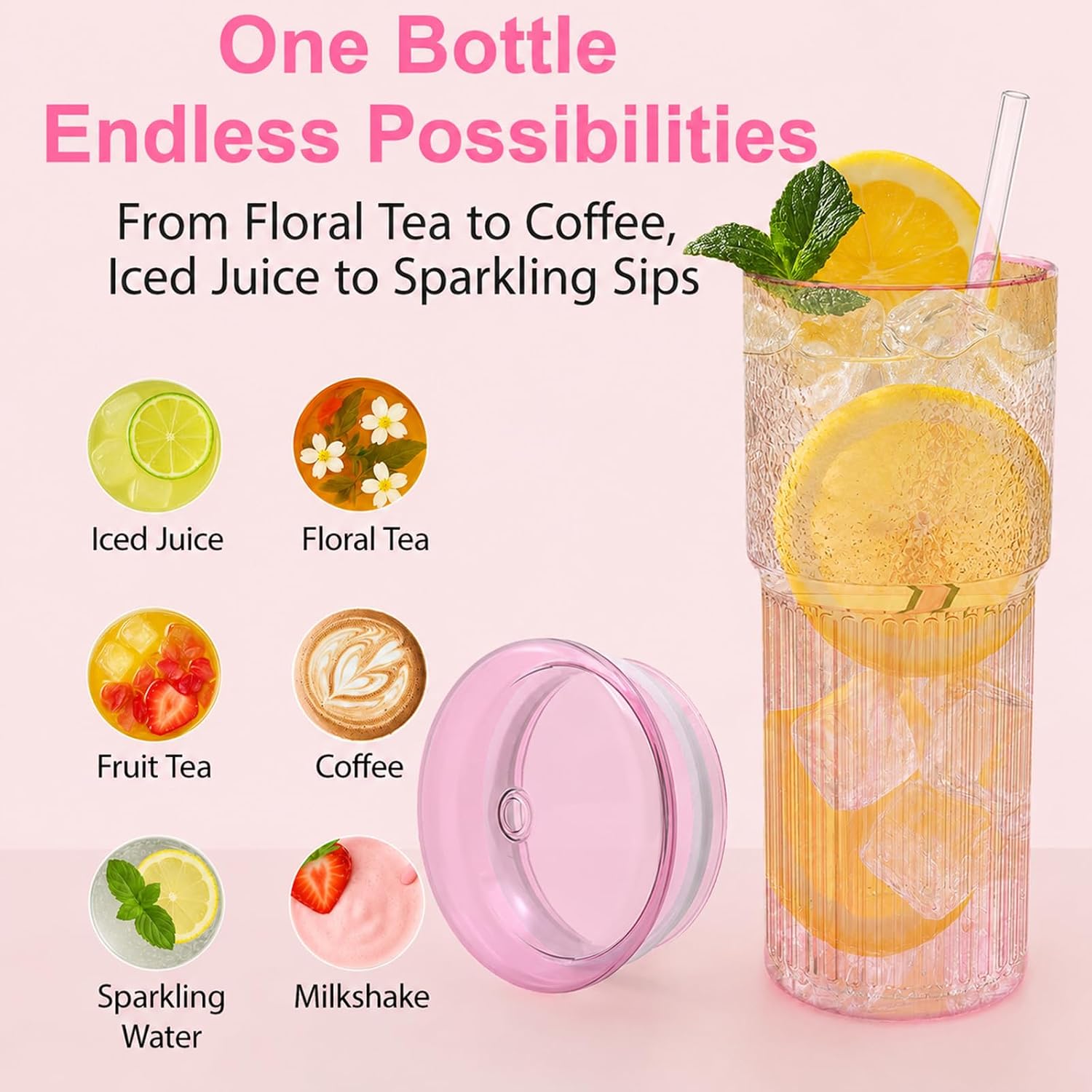 Luiaiog Glass Cups with Lids and Glass Straws, High Borosilicate 20OZ Pink Tumblers (2Pcs) for Coffee, Tea, Juice, Smoothies, Hot & Cold Drinks at Home/Office