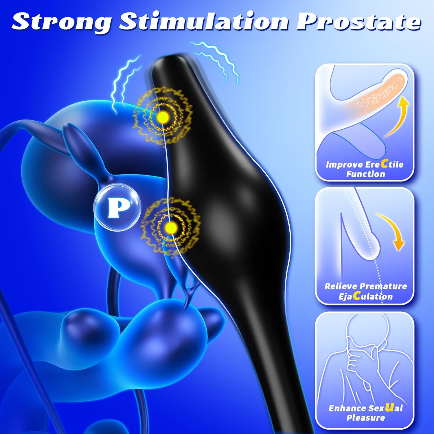 Image showing the prostate massager with a remote control and a smartphone displaying the app interface.