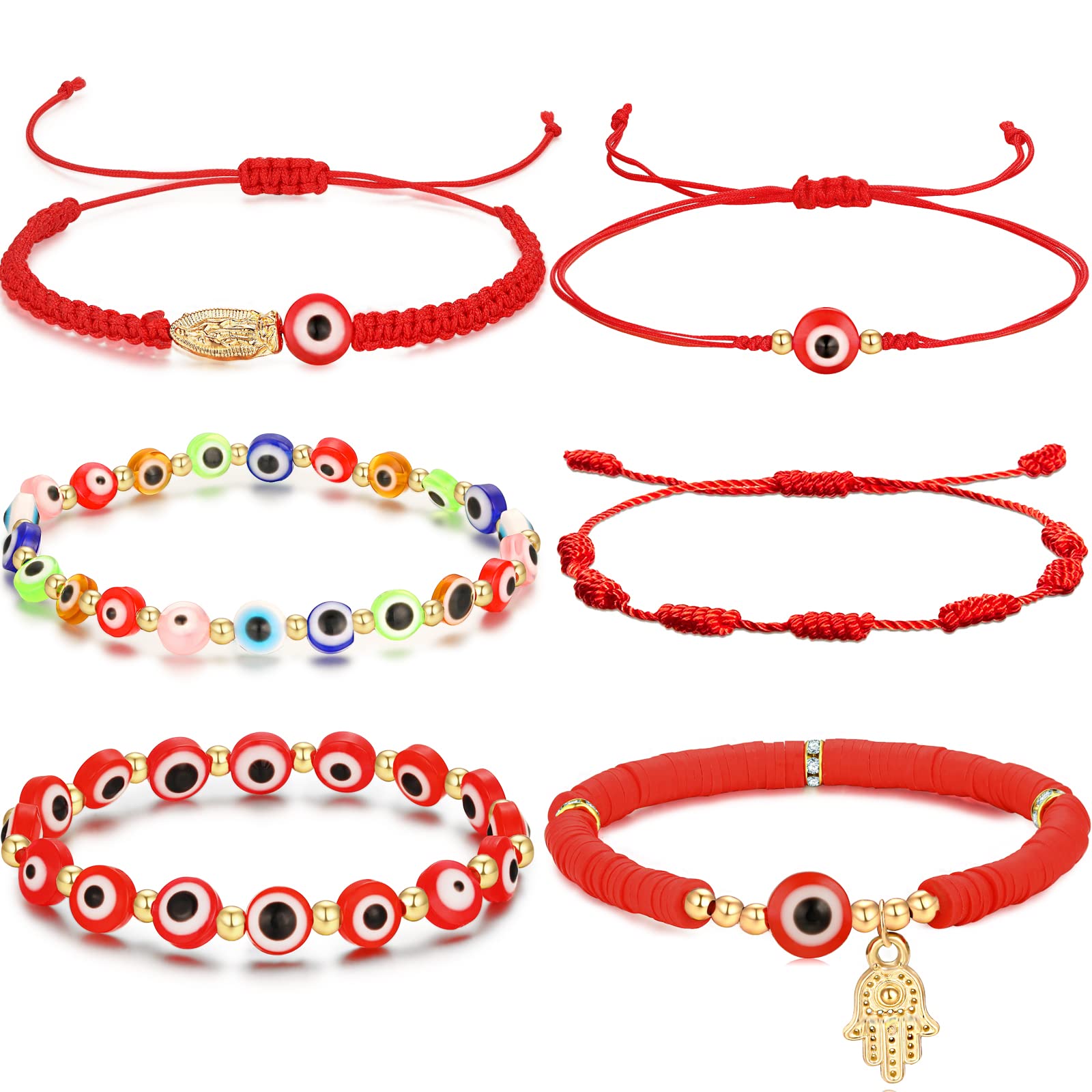 Evil Eye Bead Bracelets Set 6 Pack Red Lucky String Amulet Mal de ojo Adjustable Bracelet for Women Men Little Boys & Girls, resin