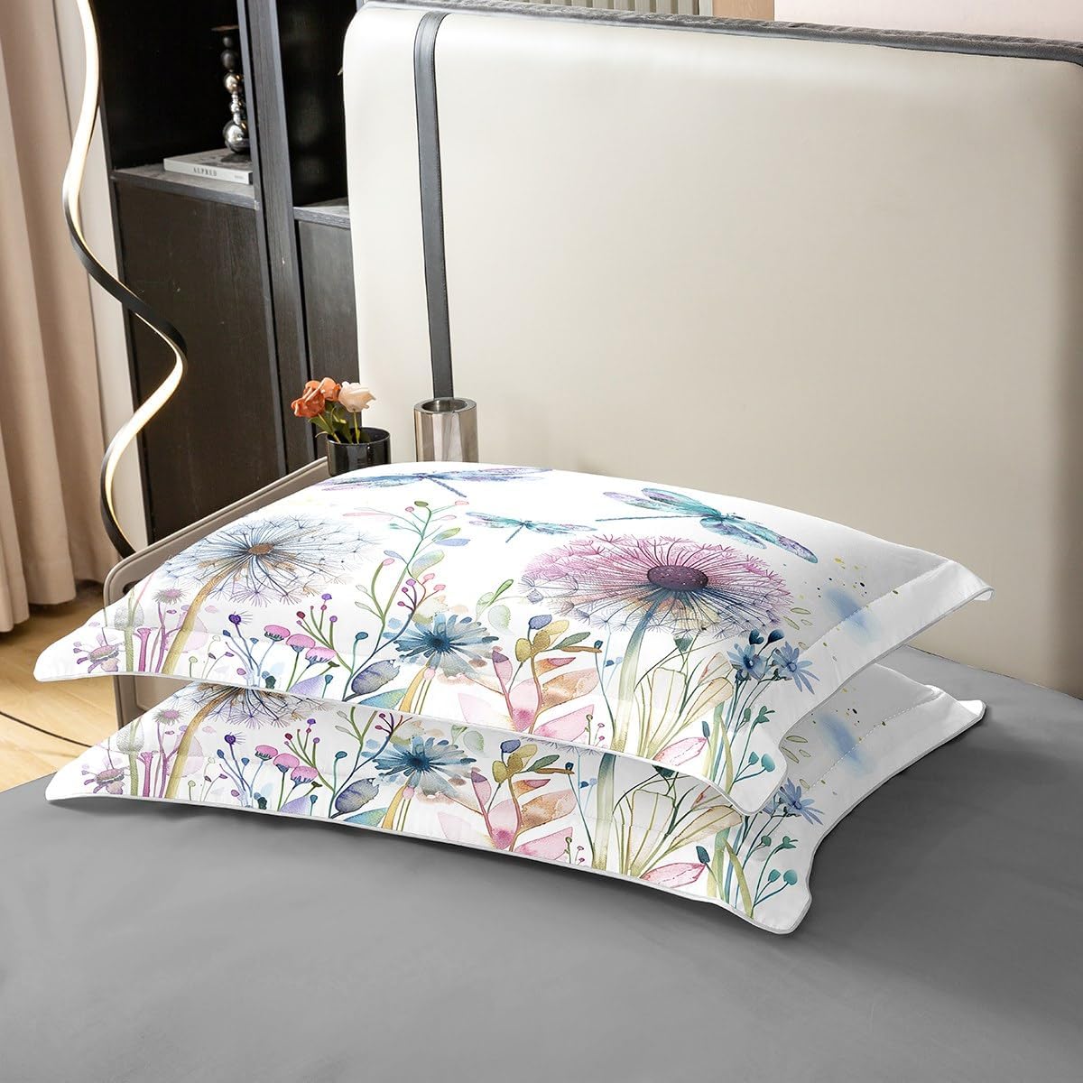Homewish Dandelion Kids Duvet Cover 100% Cotton Queen Size,Dragonfly Insect Wildlife Botanical Girls Boys Bedding Set,Floral Plant Natural Rustic Farmhouse Quilt Cover,2 Pillowcases(No Comforter)