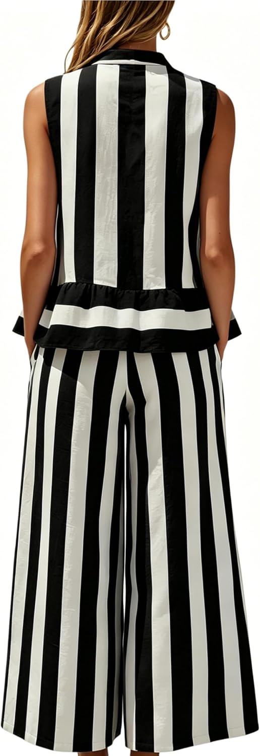 Mingzhu Women's Summer Striped 2 Piece Outfits Sleeveless Ruffle Top and Wide Leg Pants Lounge Zipper Vacation Sets
