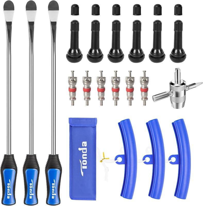Tire Spoons, Tire Changing Kit for Motorcycle Dirt Bike Lawn Mower Tractor, Tire Removal Tool Set with Rim Protectors, Valve Tool, Valve Cores, Valve Caps, Valve Stems, Storage Bag