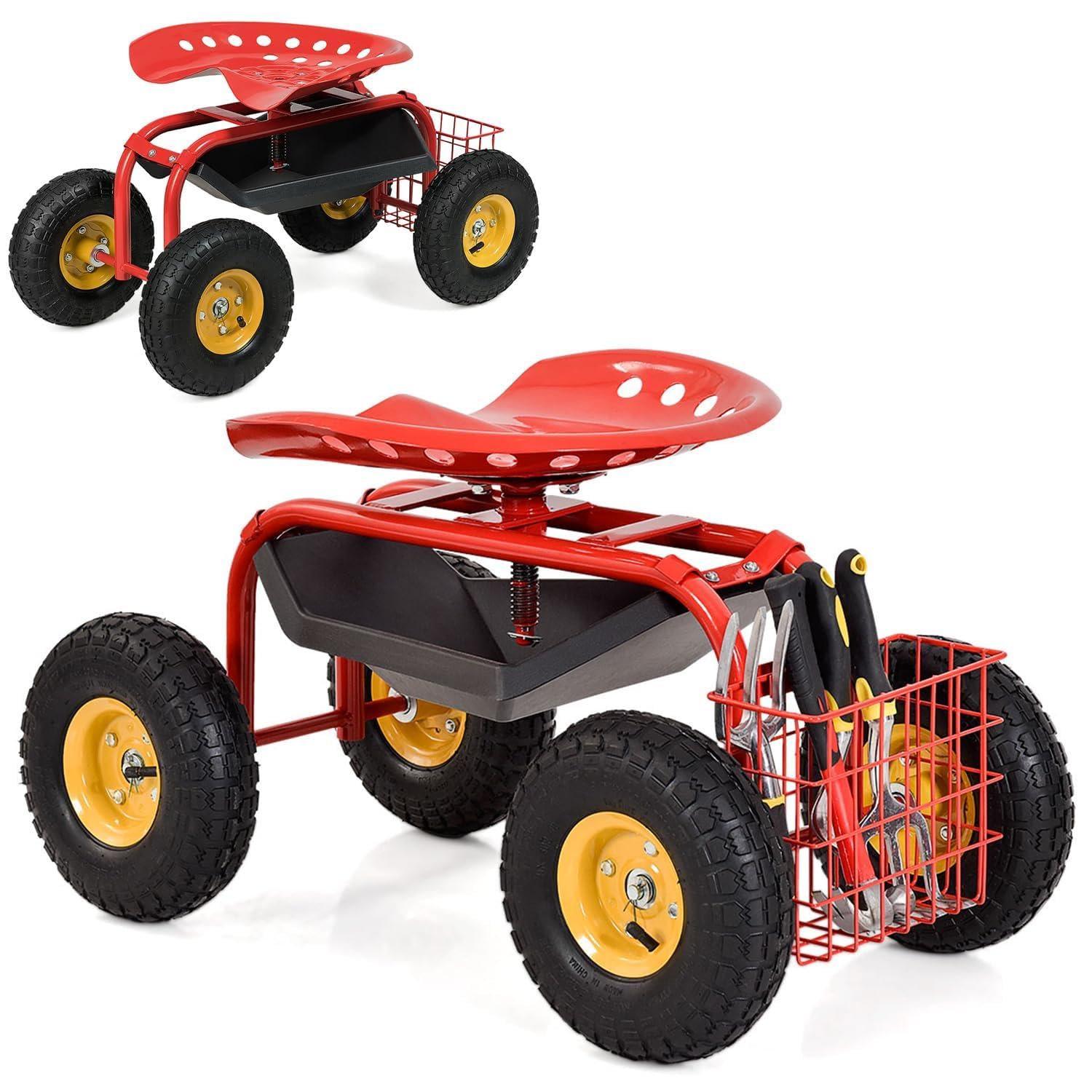 Chariot de jardinage roulant avec siège de jardin avec roues et panier rouge