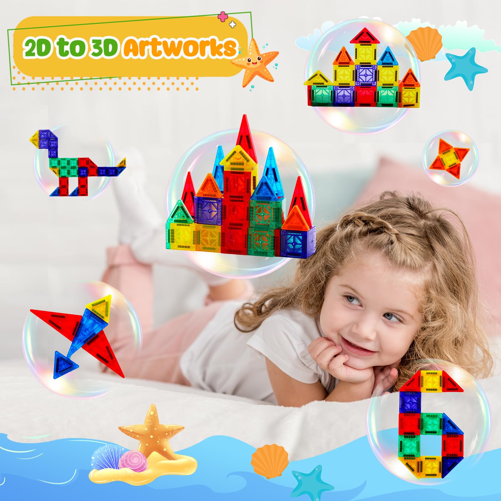 FNJO Mini Magnetic Tiles, 60PCS STEM Building Blocks Toy for Kids view 3