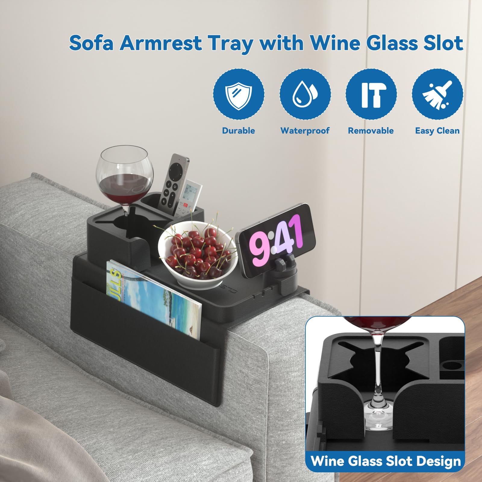 Couch Cup Holder, Anti-Slip Sofa Armrest Tray with Dual Side Pockets - Image 4