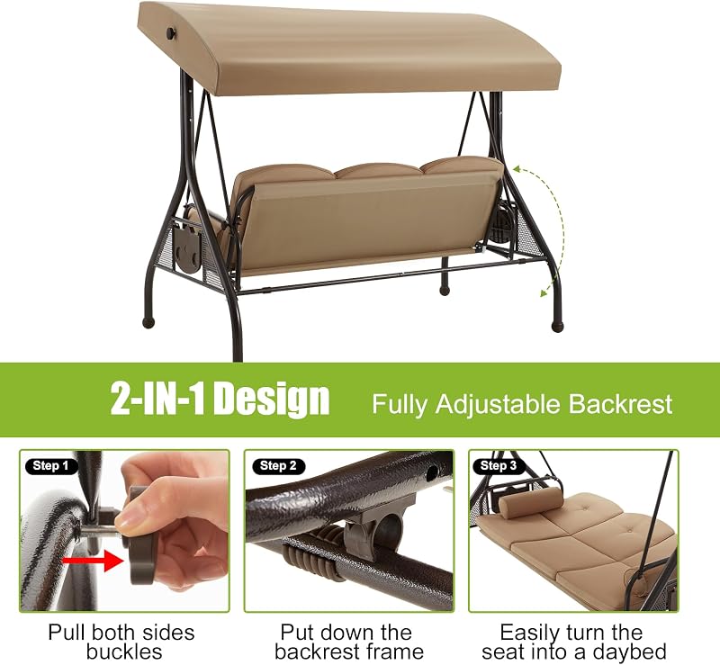 GYUTEI 3-Seat Porch Swing with Adjustable Canopy, Patio Swing with Stand image 5