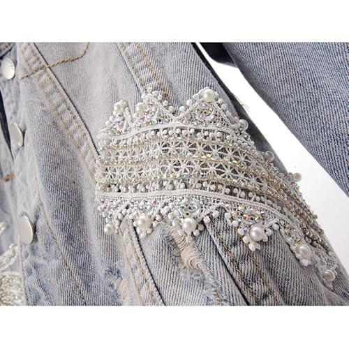 Wpyyi Autumn Women’s Denim Jacket Long Sleeve Overcoat Loose Lace Beading Pearls Outwear Ripped Jeans Jackets (Color : Blue, Size : L Code) #TOP6