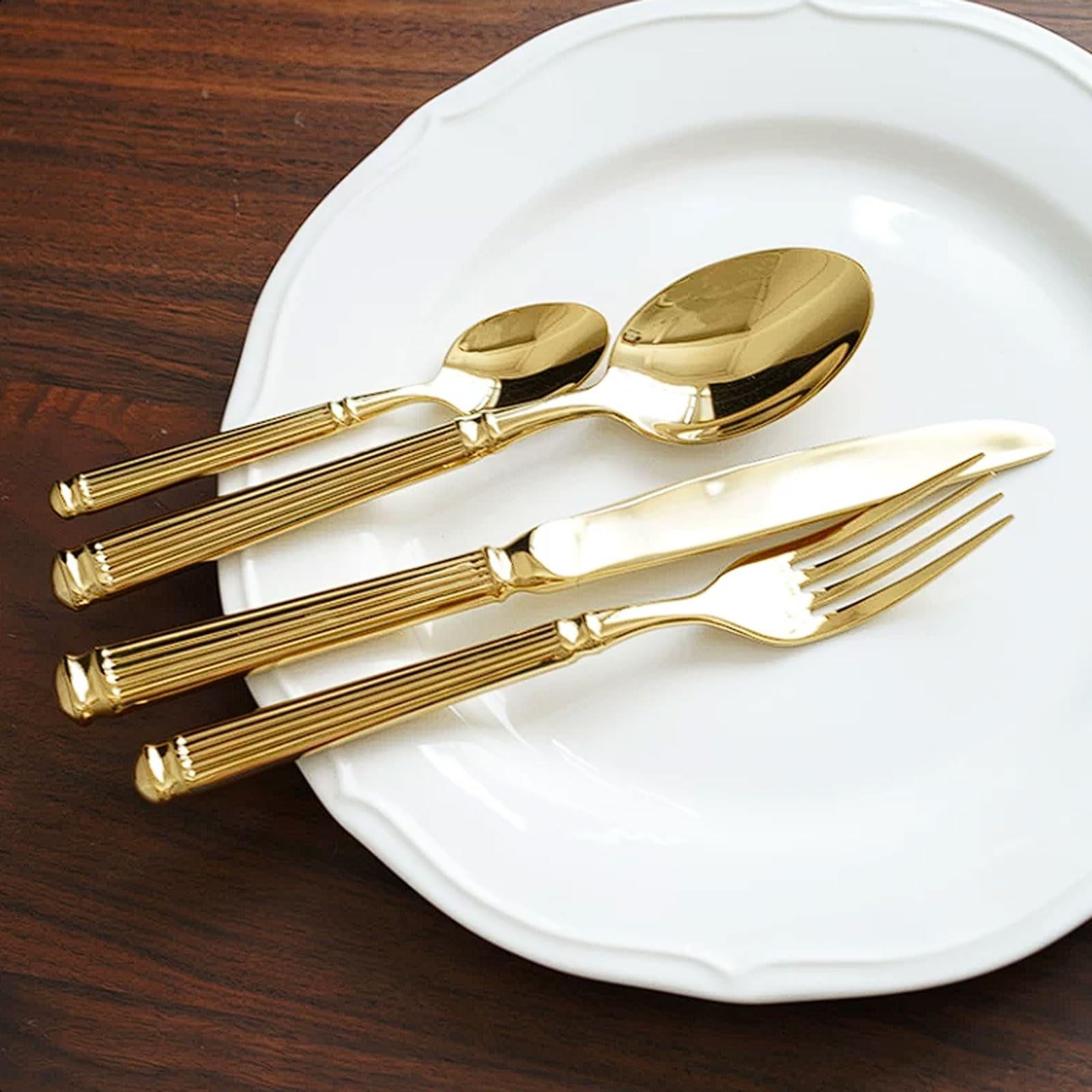 Juego de cubiertos acero inoxidable dorado 4 piezas, cuchillo for cena, tenedor, cuchara, vajilla estilo occidental apta for lavavajillas