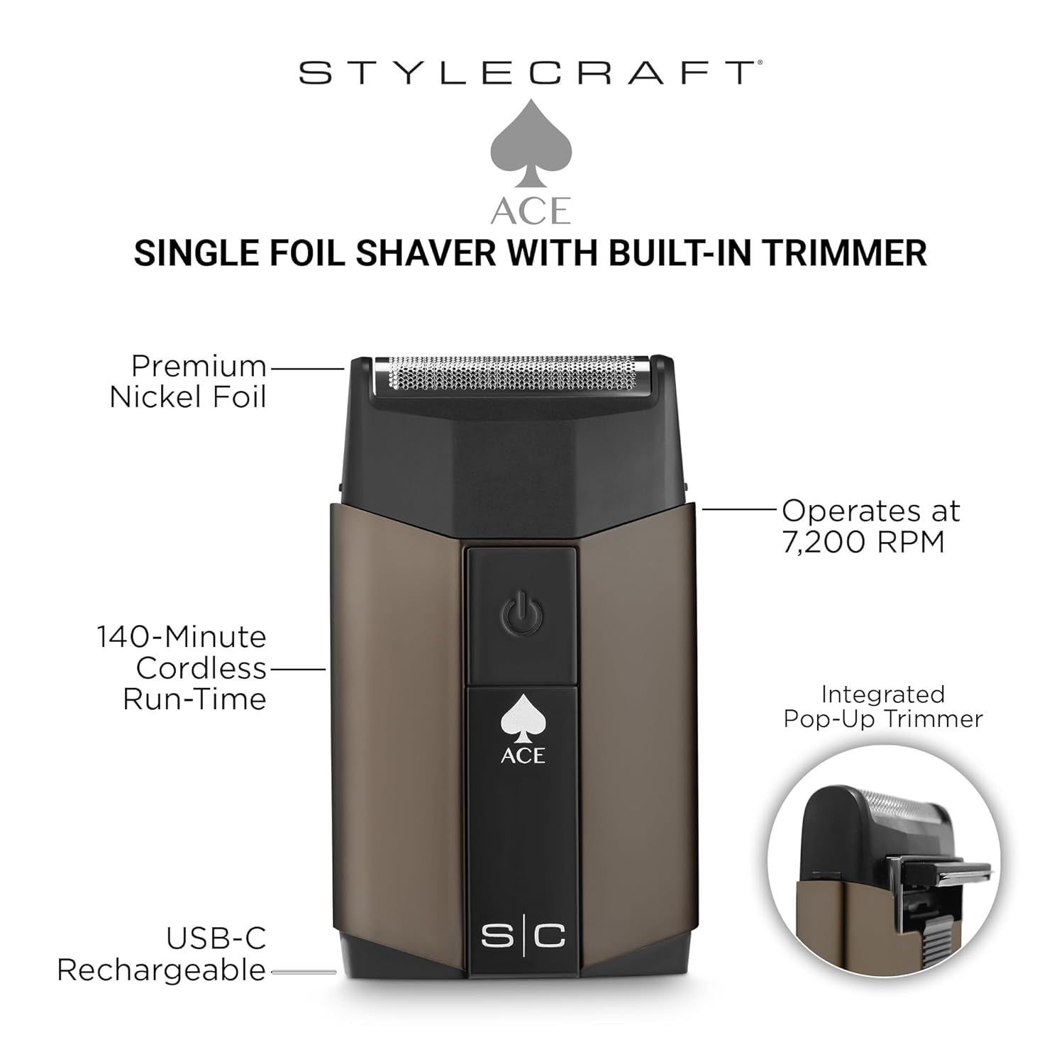 Stylecraft Ace Cordless Hair Clipper for Men, Single Foil Shaver with Integrated Trimmer, USB-C Rechargeable, Lightweight Ergonomic Grip
