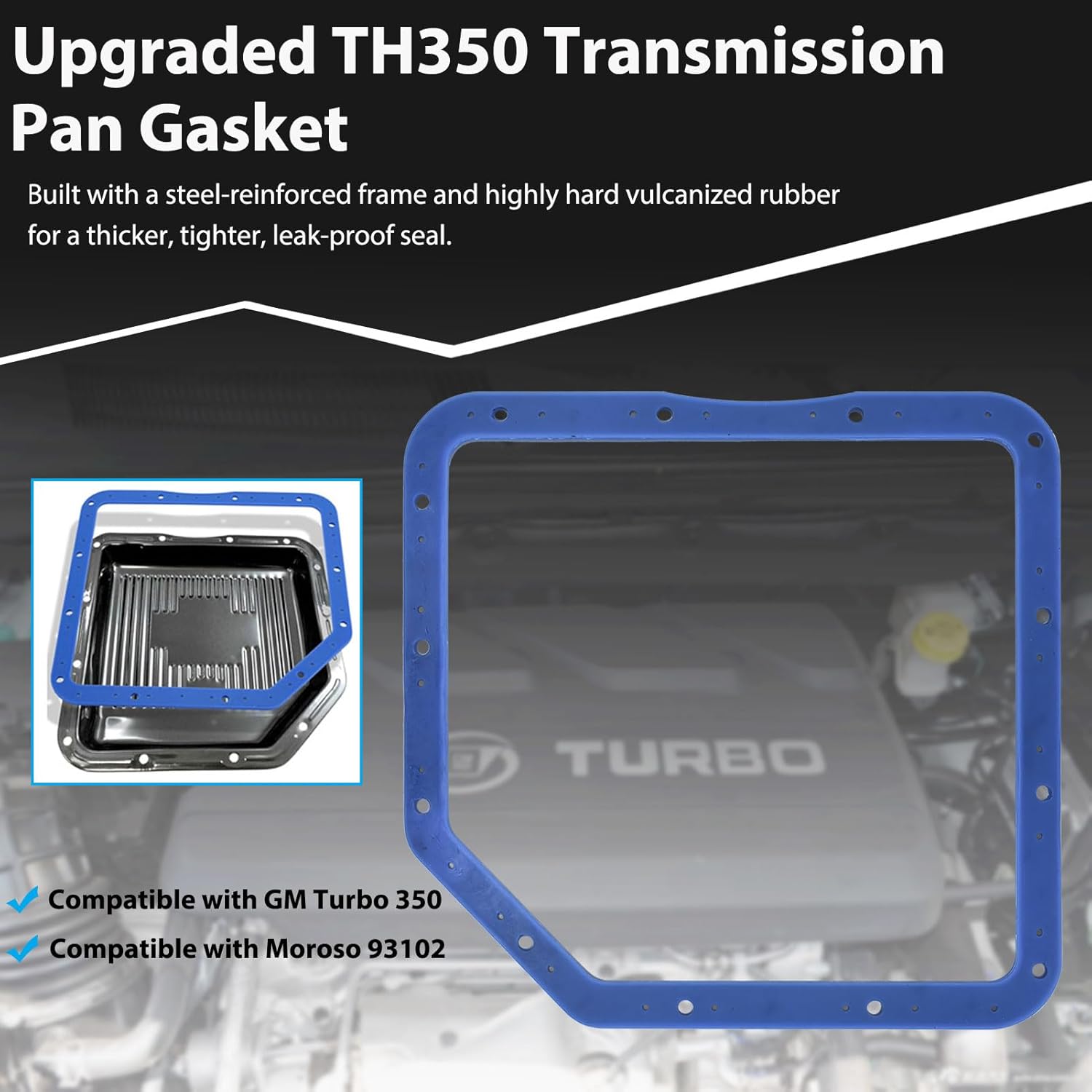 Transmission Oil Pan Gasket Fits for GM Turbo 350, Compatible with Moroso 93102. 3/16" Thick Gasket. Steel Core Reinforced Rubber, Thicker, Better Sealing, More Durable