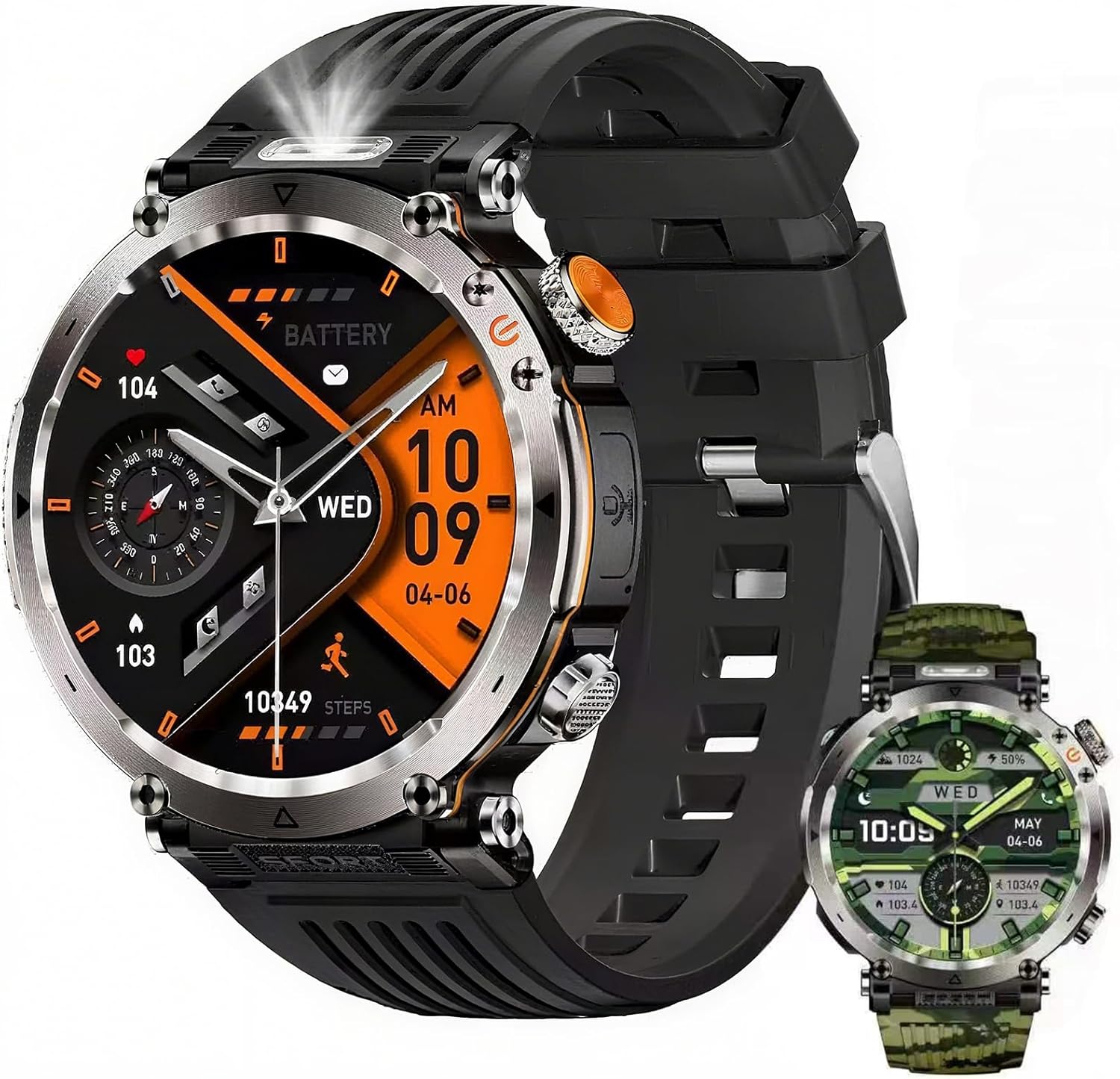 Military Smart Watches for Men, 1.7" Hd Fitness Tracker Ith Multiple Sports Modes, 600mah Battery for Android iOS, Ip68 Waterproof/Spo2 Monitor/Flashlight/Message Alerts