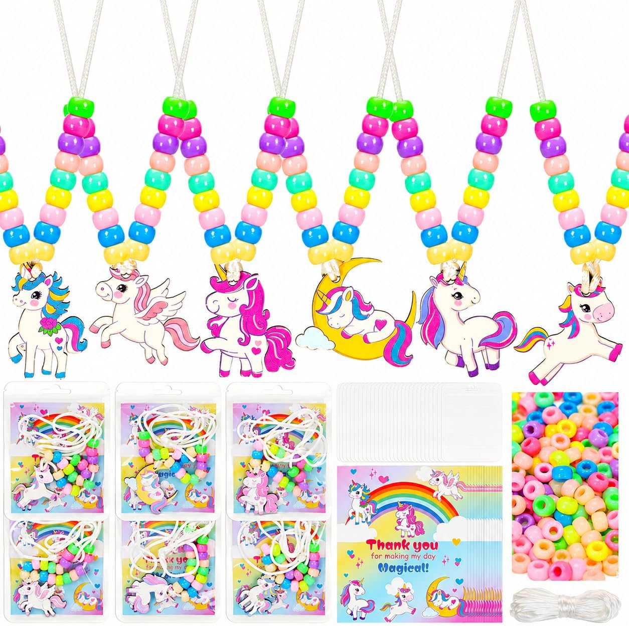 Bafeil 24 Set Unicorn Crafts Jewelry Necklace Making Kit, Wood Unicorn Charms with Pony Beads DIY Set for Arts and Crafts, Dress up, Birthday Party Favors, Gifts, Goodie Bag Stuffers, Group Prizes