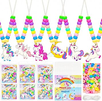 Bafeil 24 Set Unicorn Crafts Jewelry Necklace Making Kit with Pony Beads | Wood Unicorn Charms DIY Set for Arts and Crafts, Dress up, Birthday Party Favors, Gifts, Goodie Bag Stuffers, Group Prizes