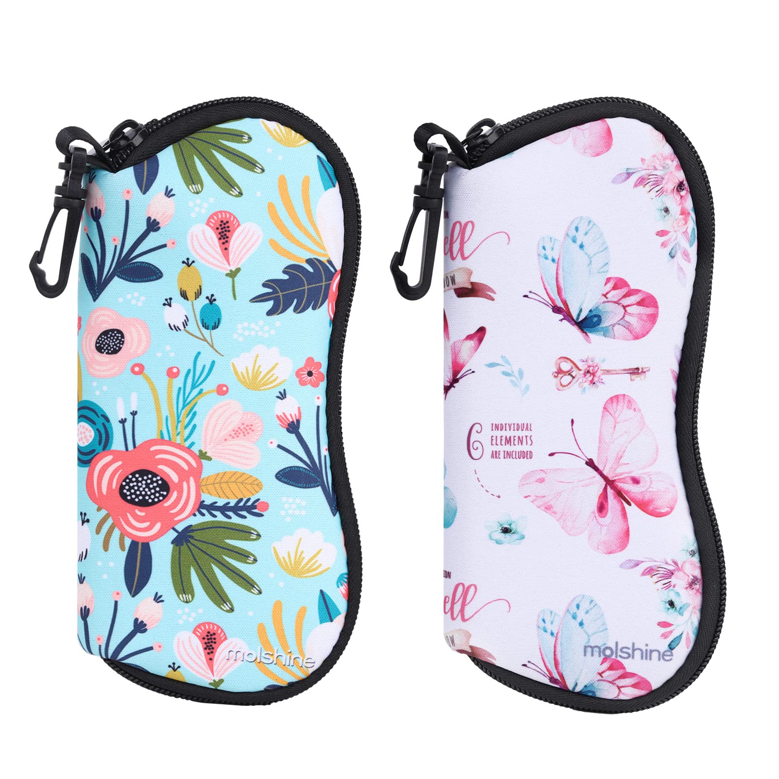 molshineEstuche suave para anteojos de sol de 2 piezas, estuche para anteojos con cremallera de neopreno, estuche portátil para anteojos con gancho para mujeres y hombres