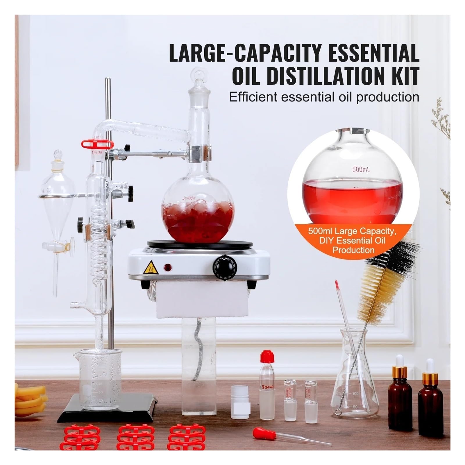 Destillationsset For Ätherische Öle, 500 Ml, 2-Liter-Destillationsgerät, 3. Glaswaren-Destillationsset Mit Heizplatte Stabile Rotation