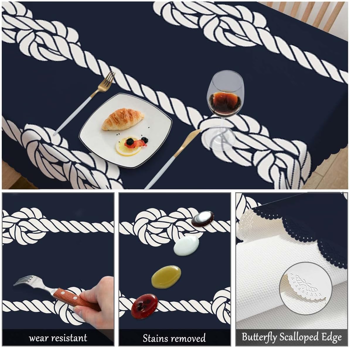 Swono Nautical Rope Table Covers 52x70 Inch Marine Rope White Loop Knots Wipeable Tablecloth Kitchen Dinning Tabletop Decoration, Navy Blue Table Cloth for Outdoor and Indoor Use