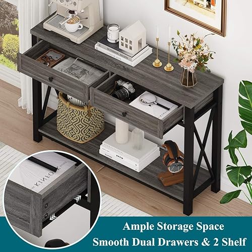 Miniatura 4 de BON AUGURE Mesa de sofá gris oscuro con cajones y estante de escalera de 5 niveles, muebles de almacenamiento que ahorran espacio para sala