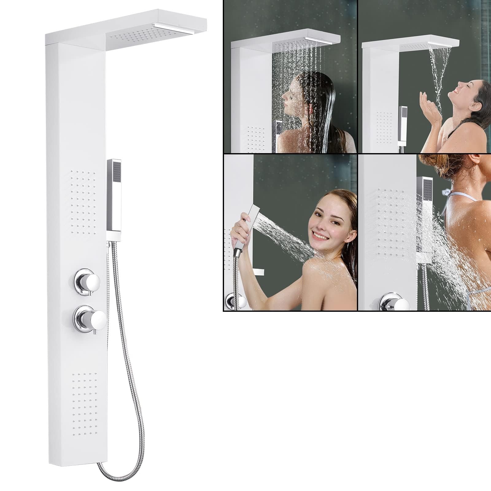 LZQ Sistema de ducha con sistema de ducha ajustable 4 en 1, barra de ducha de acero inoxidable 304, alcachofa de ducha con termostato, sistema de panel de ducha, color blanco