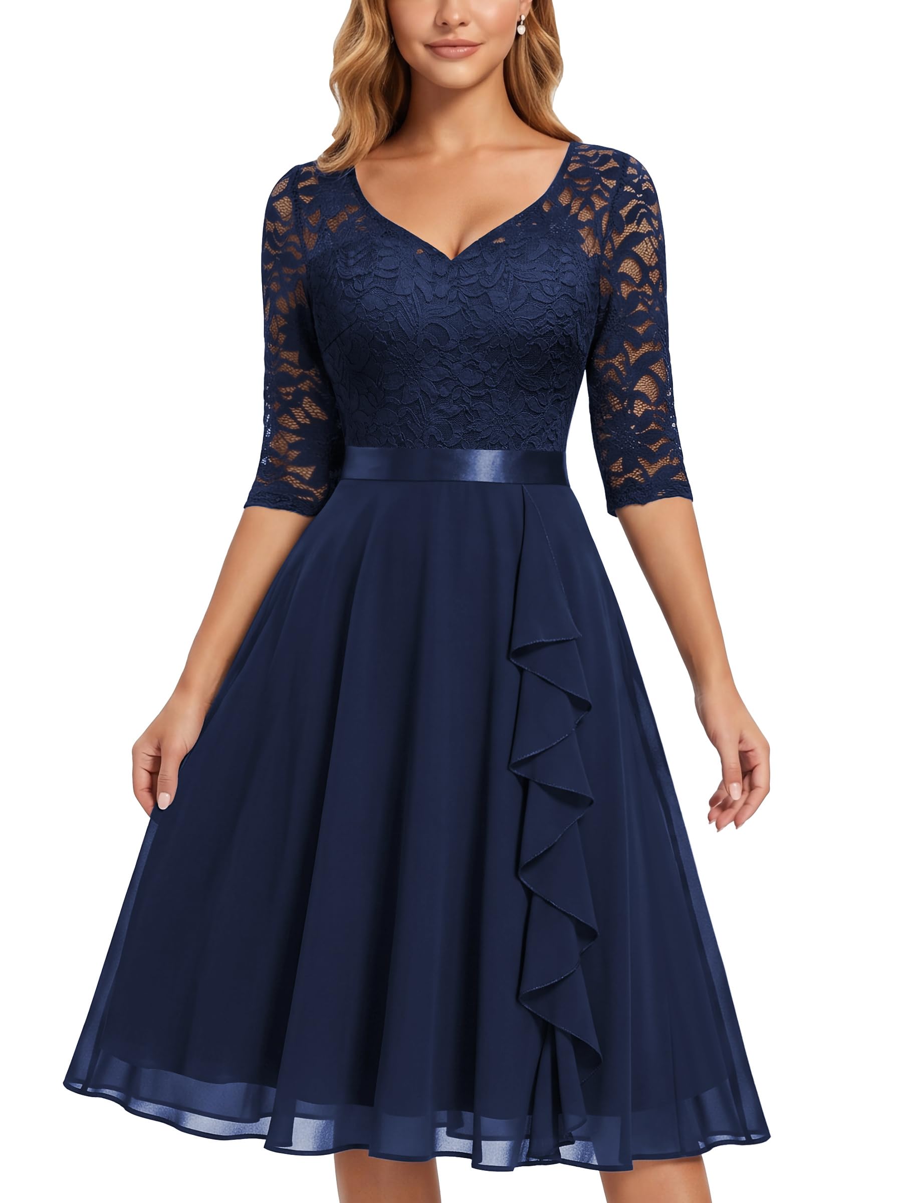 MISSMAY Women's V-Neck Floral Lace Half Sleeve Bridesmaid Party Dress