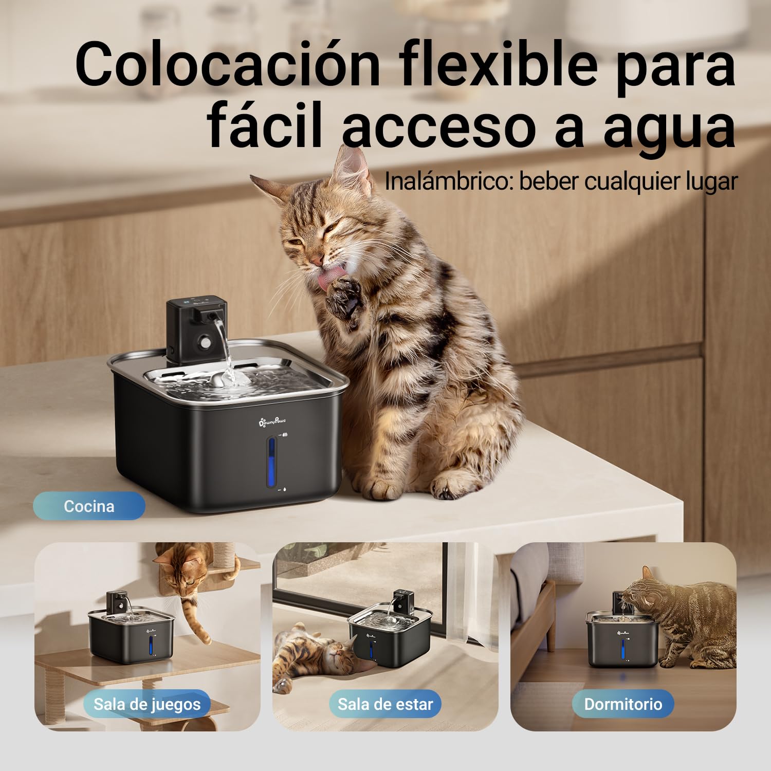 DownyPaws Fuente para Gatos sin Cable Inoxidable 3L, Bomba Silenciosa Negro | Bebedero Gatos con Sensor de Movimiento, Fuente Agua Gatos Inalámbrica, Batería de 4000 mAh, Apta para Lavavajillas