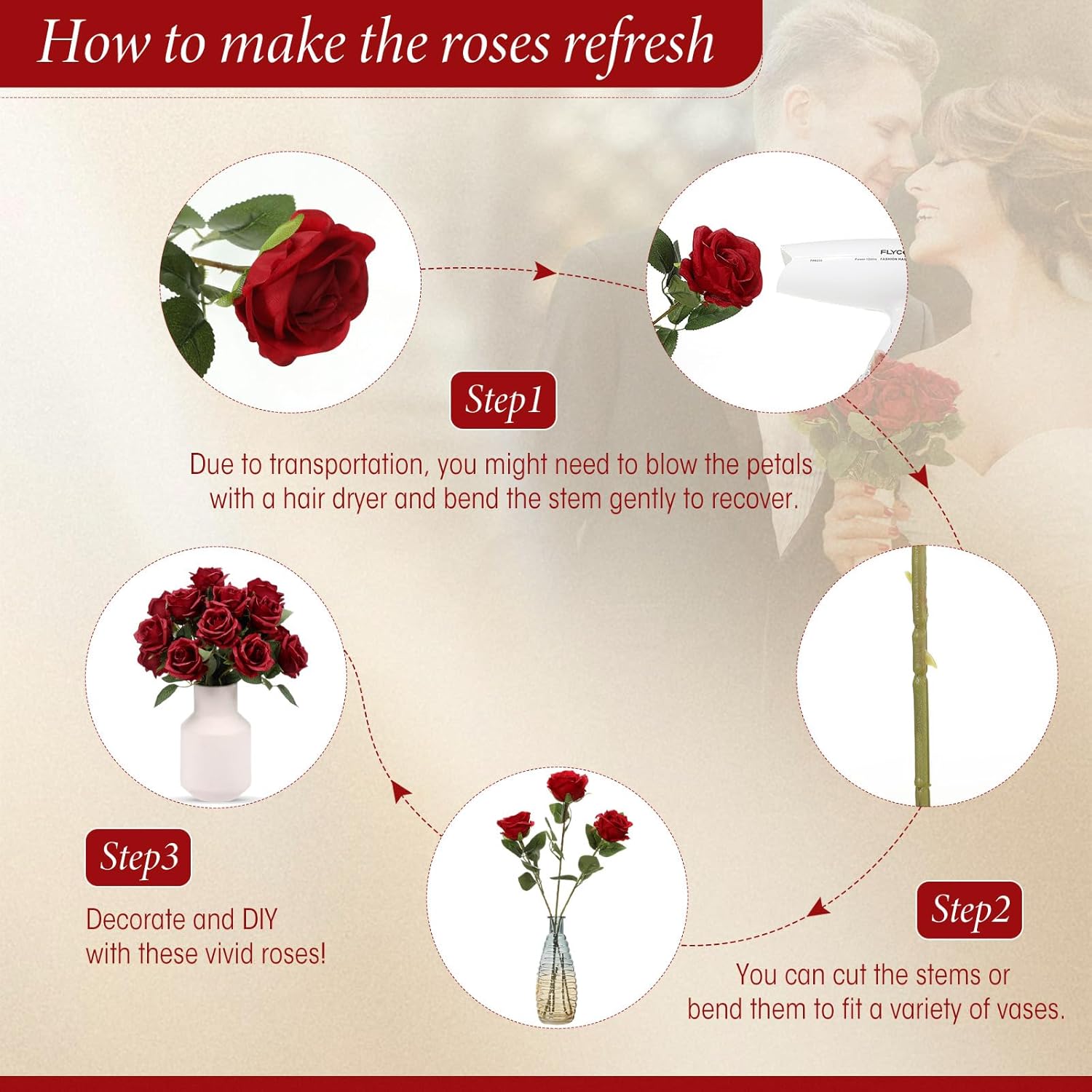 Hotop 40 Pcs Rose Artificial Flowers Bulk with Long Stem,Realistic Silk Fake Roses Bouquet for Home Wedding Centerpieces Party Table Decoration Valentines Gifts(Wine Red) - Image 3