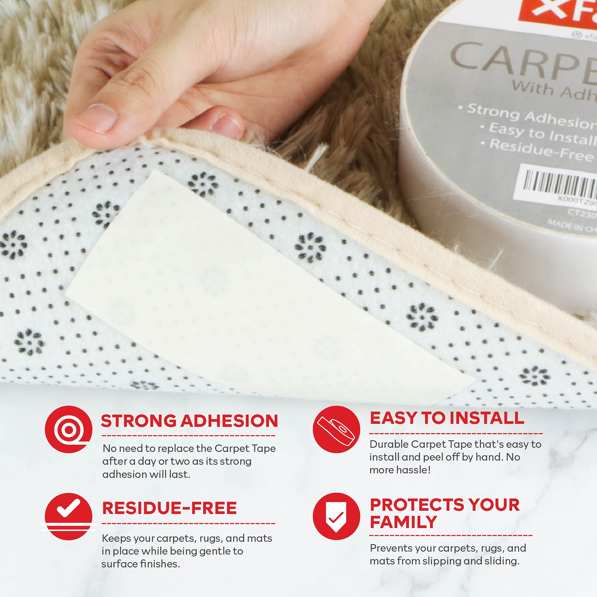 XFasten Double Sided Carpet Tape for Area Rugs, ResidueFree, 2Inch x 30 Yards; Wood Super