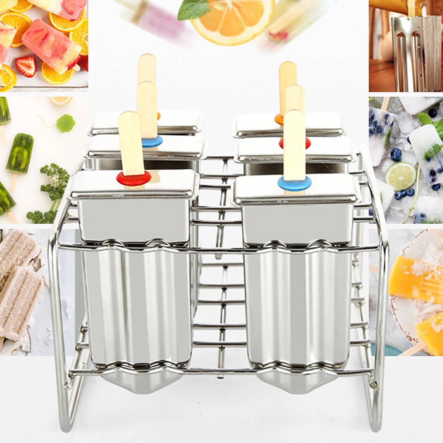 DOUBLE ZEE Stainless Steel Popsicle Molds Commercial Popsicle Molds Stainless Steel Popsicle Moulds Home-made Reusable DIY Ice Pop Molds with Sticks and Brush (6pcs)