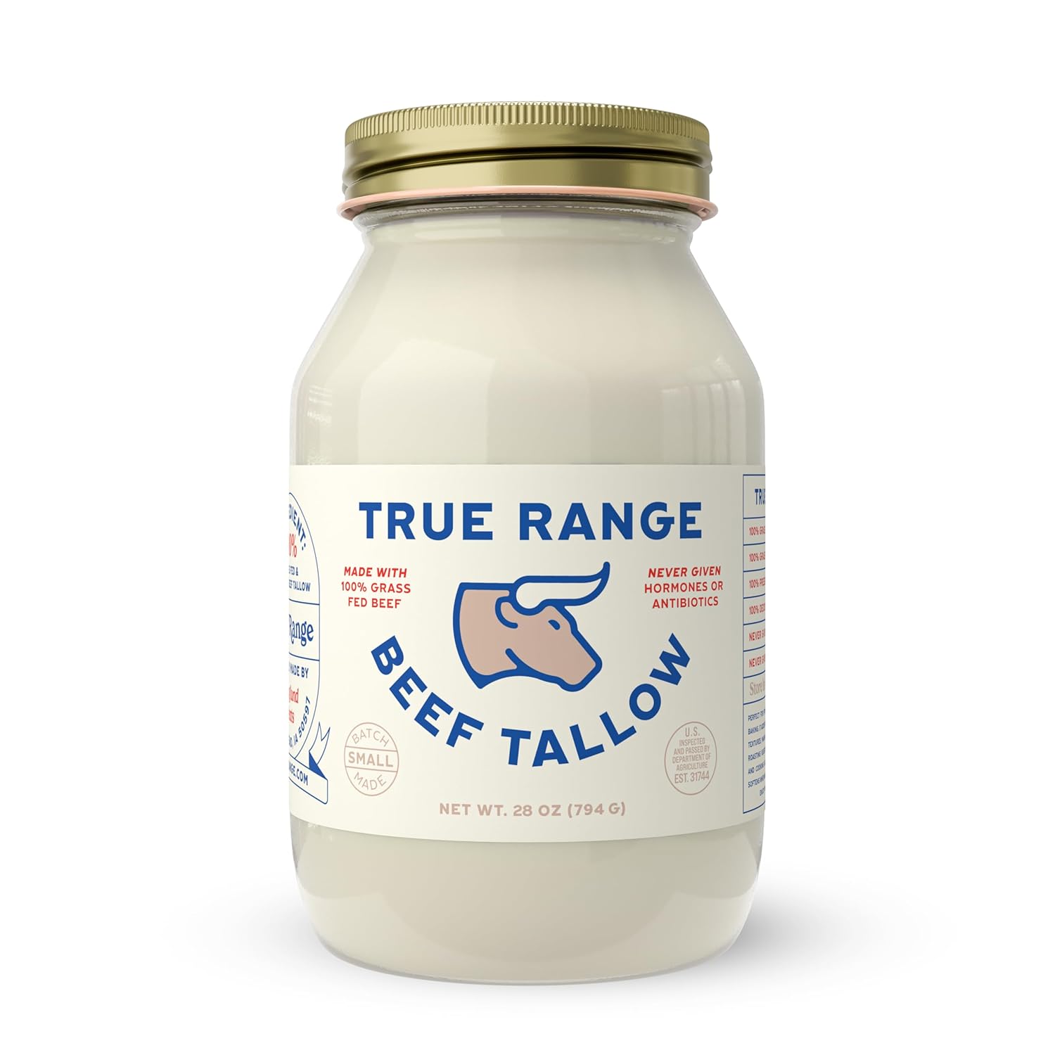 True Range Grass Fed Beef Tallow for Cooking | USA Pasture Raised | Hormone & Antibiotic-Free | Pure Kettle Rendered | Frying, Baking, Skincare | Keto Paleo Friendly | Glass Jar (28 Ounce)