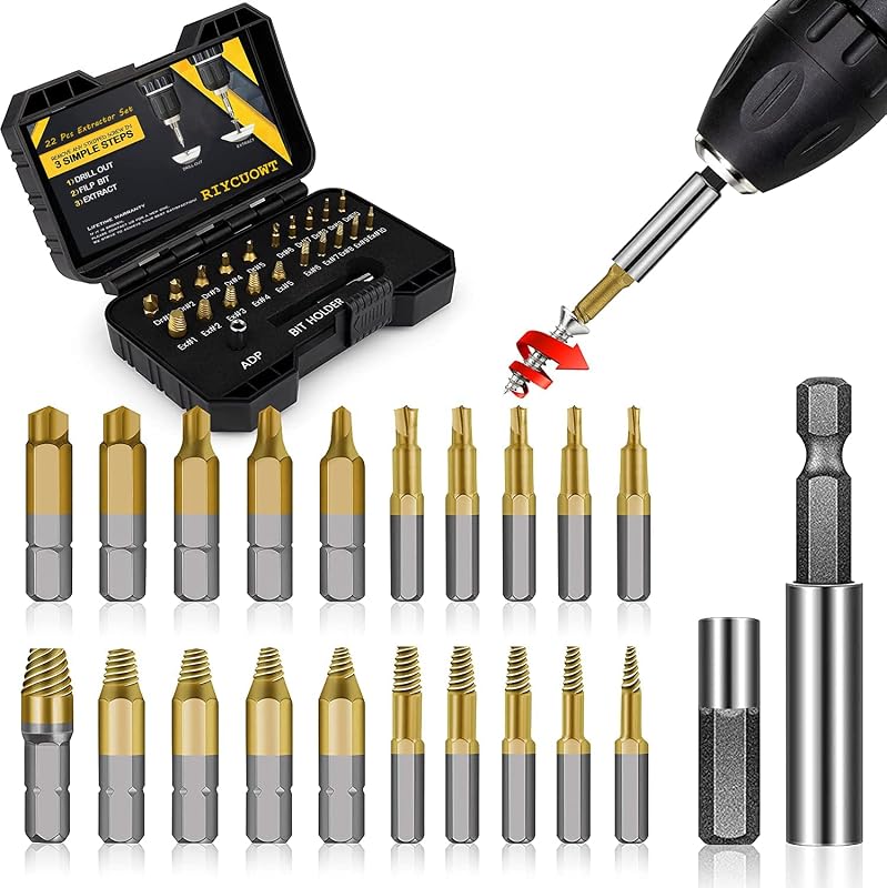 Regalos para hombres: juego de extractores de tornillos dañados de titanio de 22 piezas, removedor para tornillos de cabeza pelada, tuercas y pernos, herramientas de broca para una fácil eliminación de herrajes oxidados y rotos, acero de alta velocidad, excelente regalo