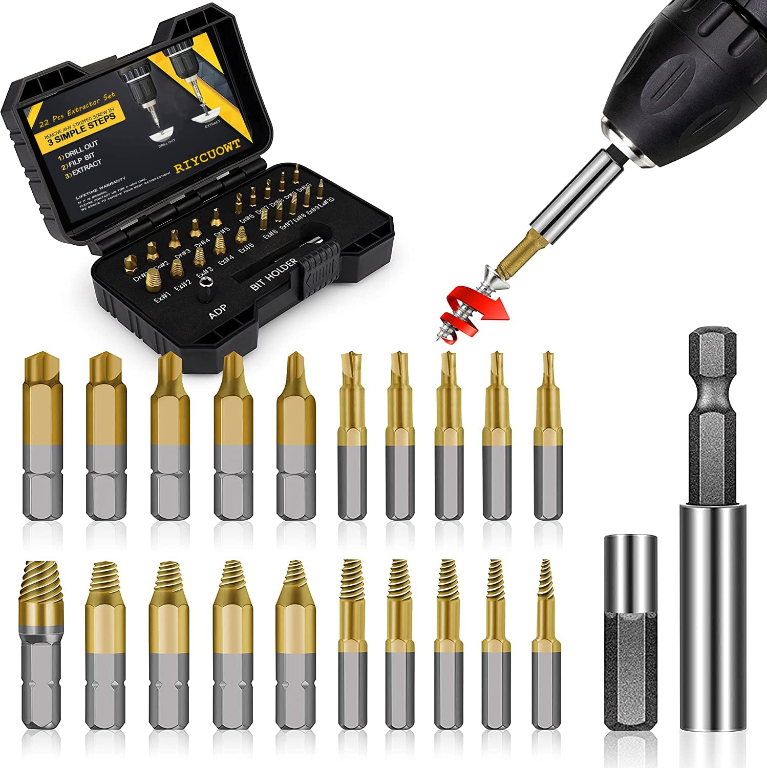 22Pcs Titanium Screw Extractor Set for Damaged, Stripped & Rusty Screws - HSS Drill Bits Remover Kit, Perfect Gifts for Men DIYers