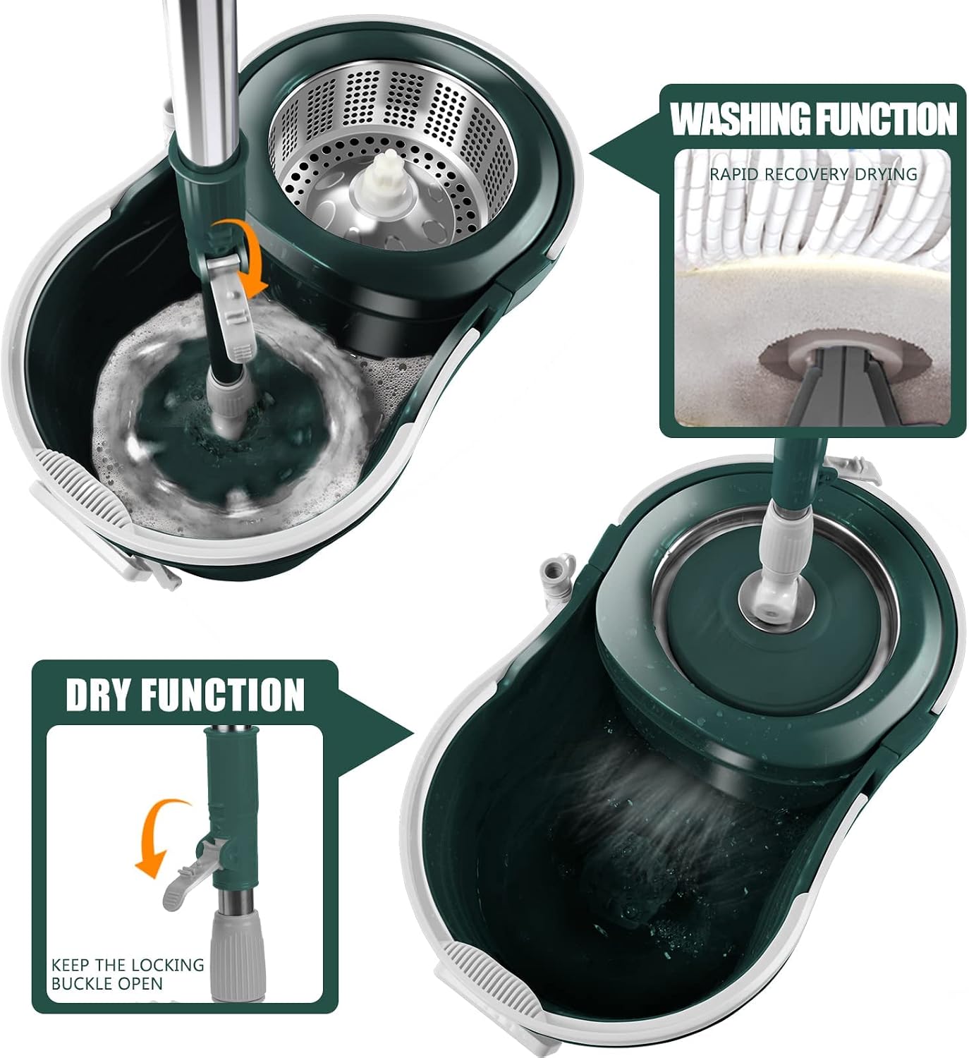 Masthome Mop and Bucket with Wringer Set, Spin Mop Bucket Floor Cleaning System with 2 Wheels for Easy Moving, 5 Microfiber Mop Refills & 1 Floor Brush Head Included