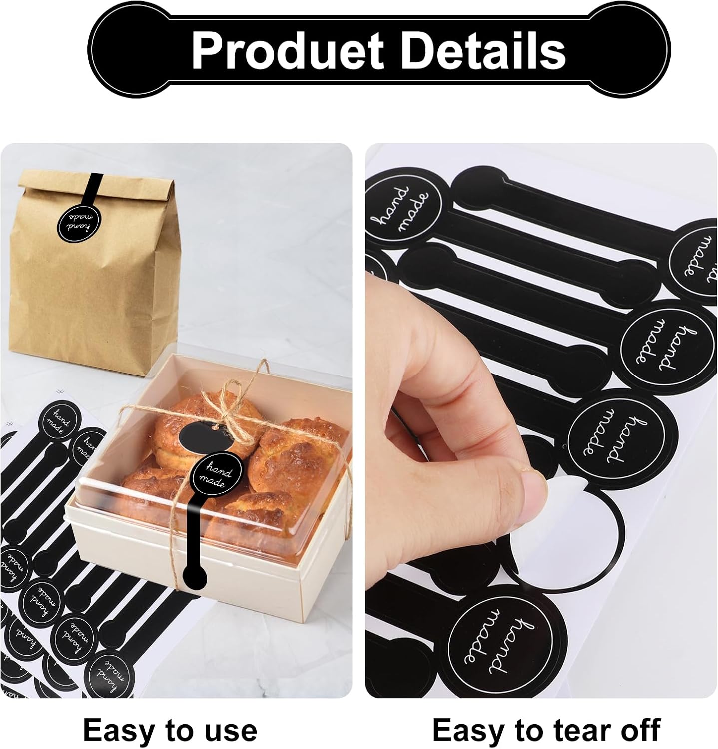 600Pcs Handmade Food Baking Seal Stickers Labels,Black Long Label Bakery Sticker,Self-Adhesive Goods Bakery Stickers Sealing Tamper-Proof Sticker for Pastry Bags Lollipops Candy Cake image 3