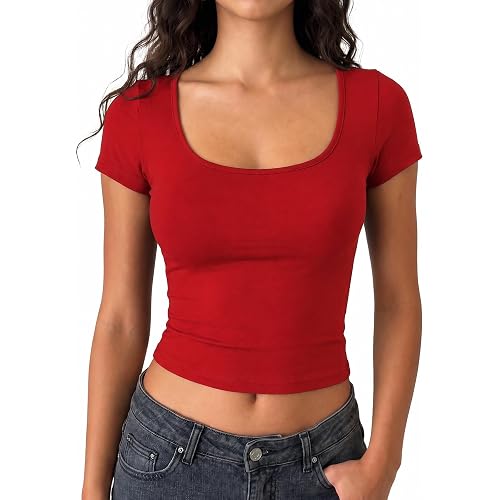 Short Sleeve Square Neck Crop Top for Women Soft Workout Shirt Going Out Tops Sexy Slim Fitted Casual Base Layer Lightweight