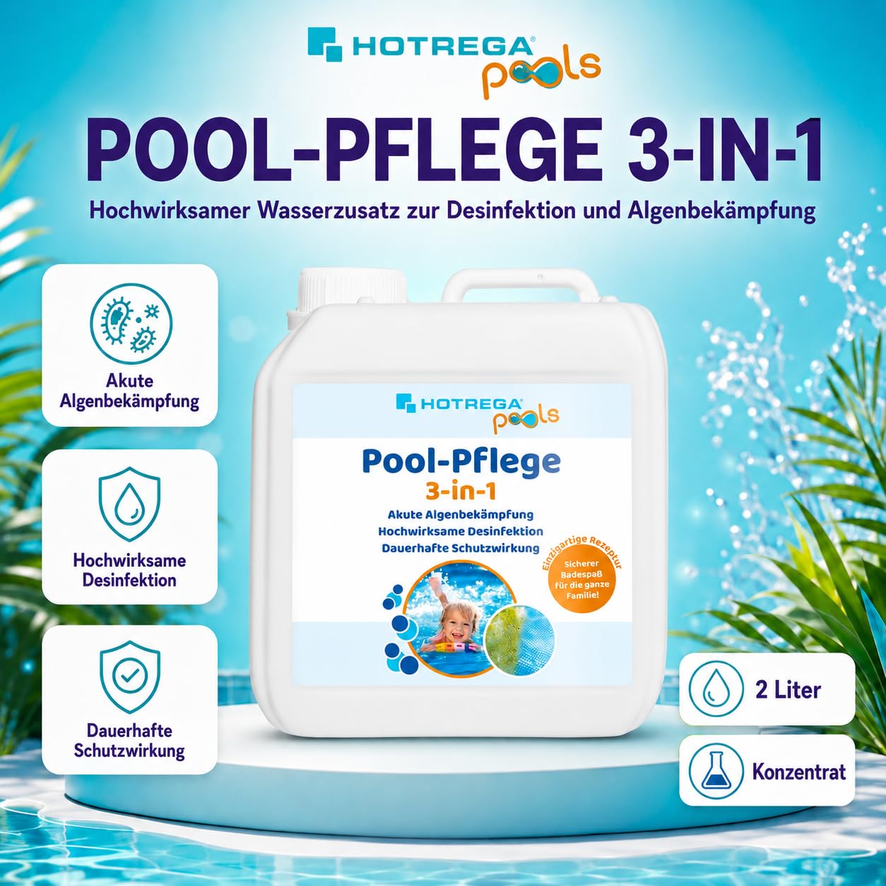 HOTREGA Pool-Pflege 3in1 Konzentrat 4L | Algenvernichter & Desinfektion