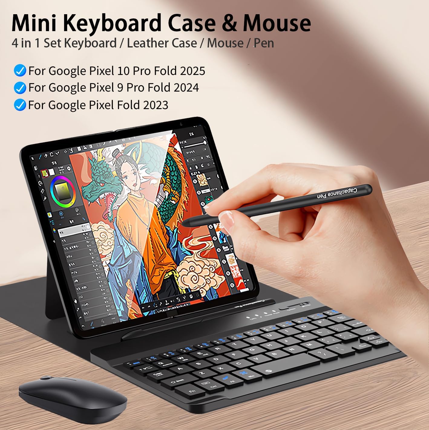 for Google Pixel 10 9 Pro Fold Keyboard and Mouse, Portable Mini Bluetooth Keyboard with Leather Case and Pen, 4 in 1 Set for Pixel 10 Pro Fold Accessories