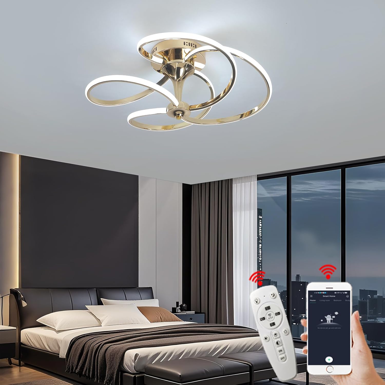 Irregular Designs Chandelier Dimmable with Remote Control Brightness Adjustable 3000K-6000K Hanging Lamp for Living Room Dining Room Bedroom (Gold-Ceiling-BJ228-S)