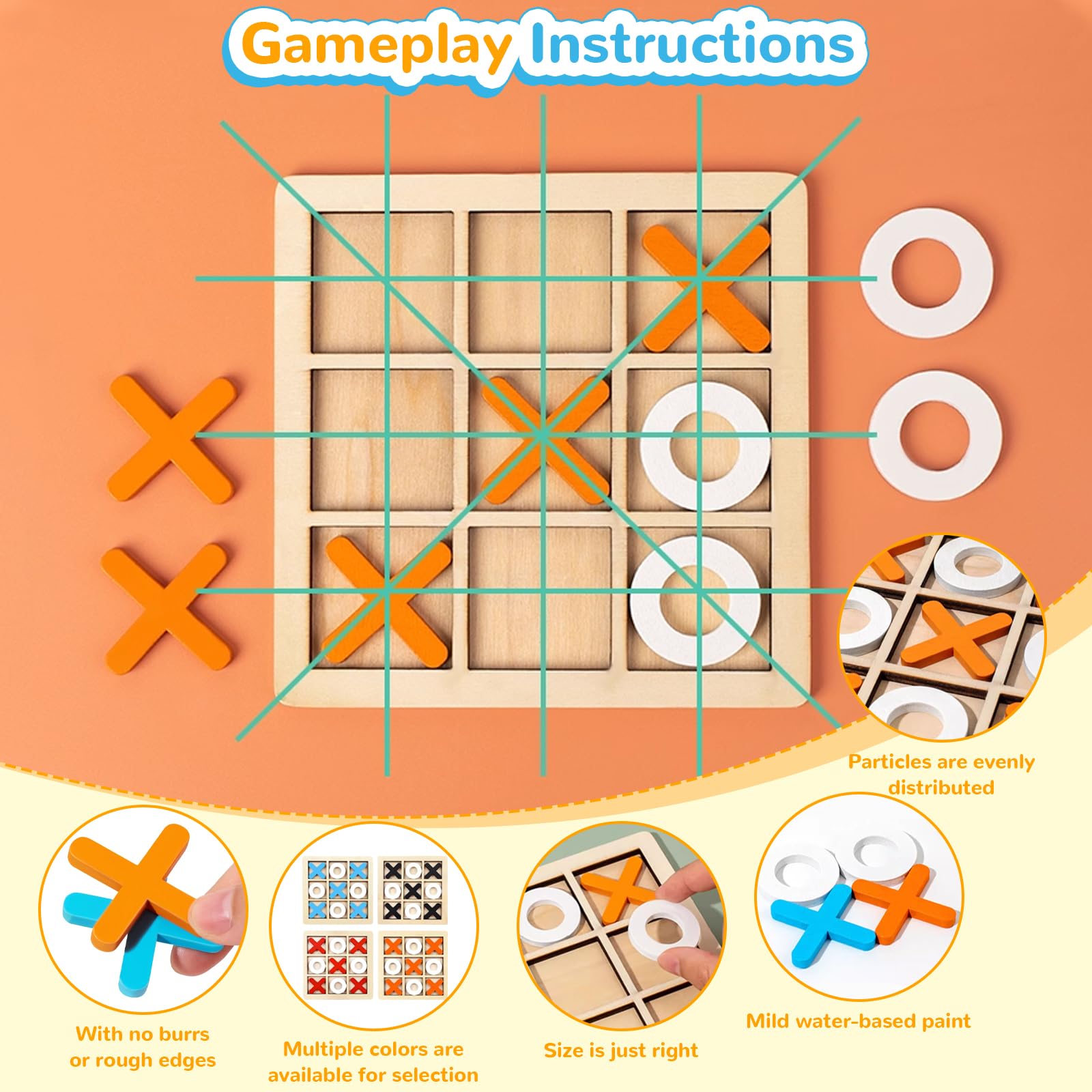 Gioco Tic Tac Toe In Legno 14x14 Cm - Giocattolo Da Viaggio Per Famiglie, Tris In Noce Delle Indie, Fatto A Mano, Ecologico - 3