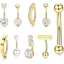 9 Pack 14G Stainless Steel Belly Button Rings, Navel Piercing Jewelry with Cubic Zirconia Simulated Pearl Accents, Gold Silver Tone Belly Ring Set for Women