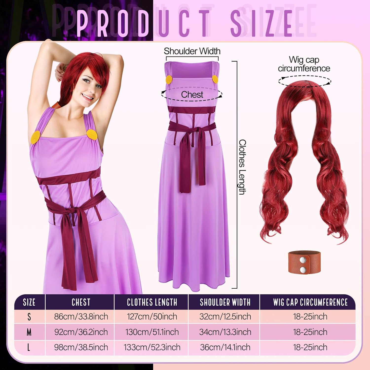 Halloween Princess Cosplay Costume for Women Pink Dress Outfits Burgundy Curly Wig Headband for Halloween Party,Medium