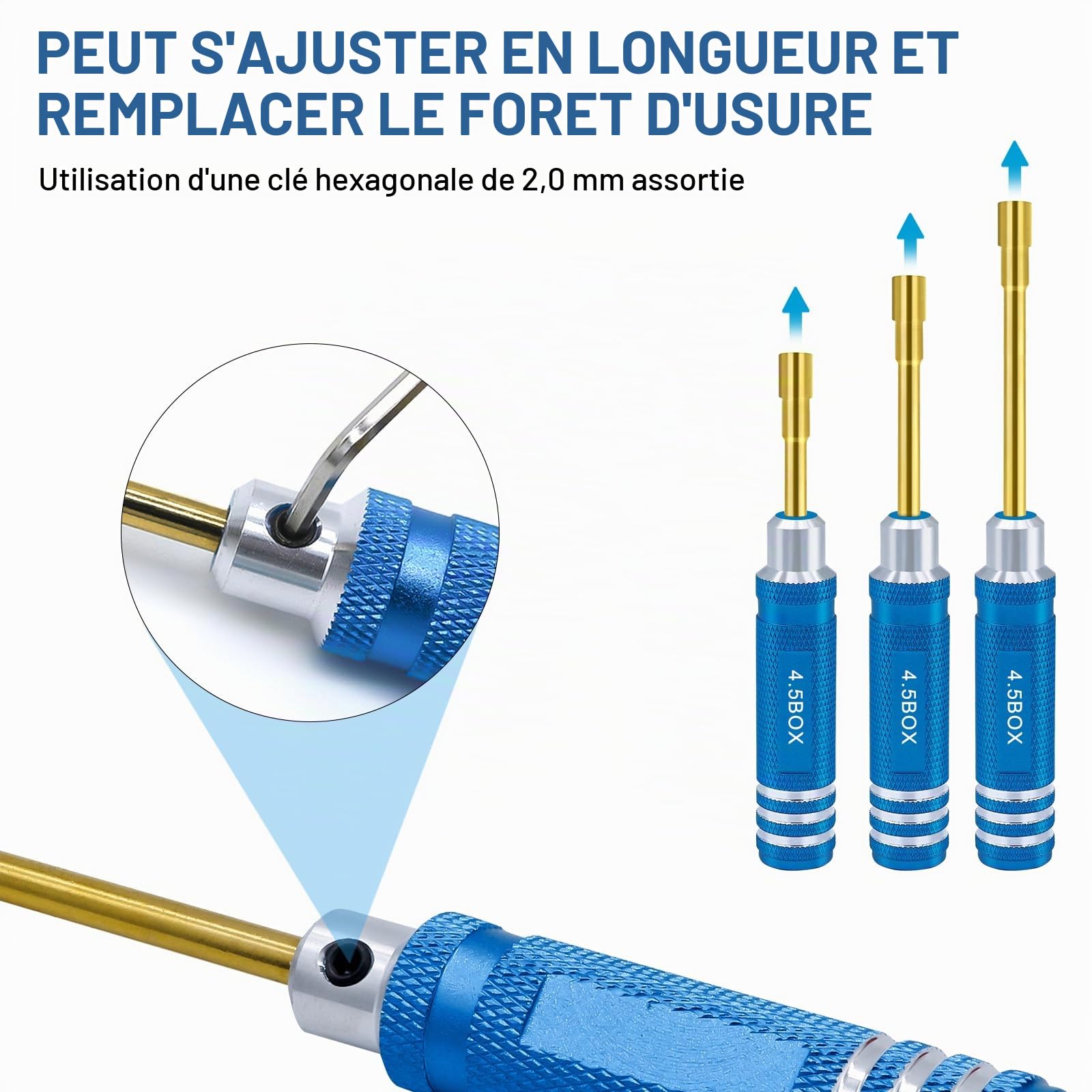 Lot de 7 tournevis hexagonaux 2,0 mm 2,5 mm 3,0 mm 3,5 mm 4,0 mm 4,5 mm 5,0 mm kit d'outils de tournevis pour fixation roue Axial SCX24 pour modèles radiocommandés voitures bateaux hélicoptères bleu