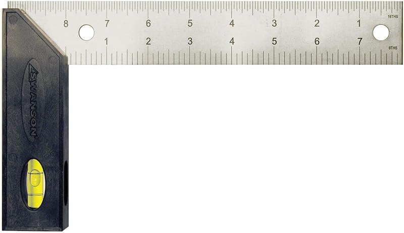 Swanson Tool TS151 Try and Miter Square 8-Inch (Plastic Handle, Stainless Steel Blade and Level) | Durable plastic handle and stainless steel blade, reliably accurate dual scales, locking hardware and open read vial, TS151